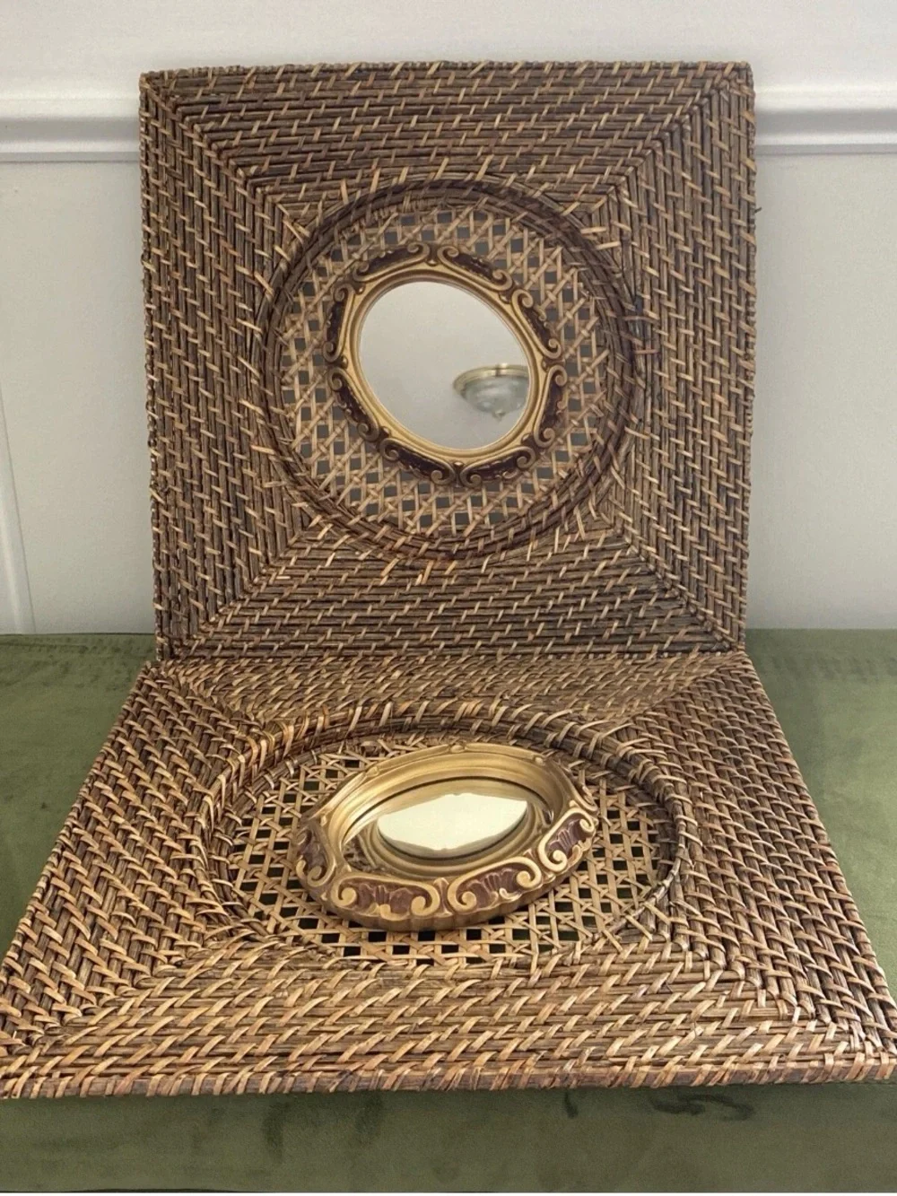 Woven Rattan Wall Mirror with Gold Accent Frame - Brown 14”X14”